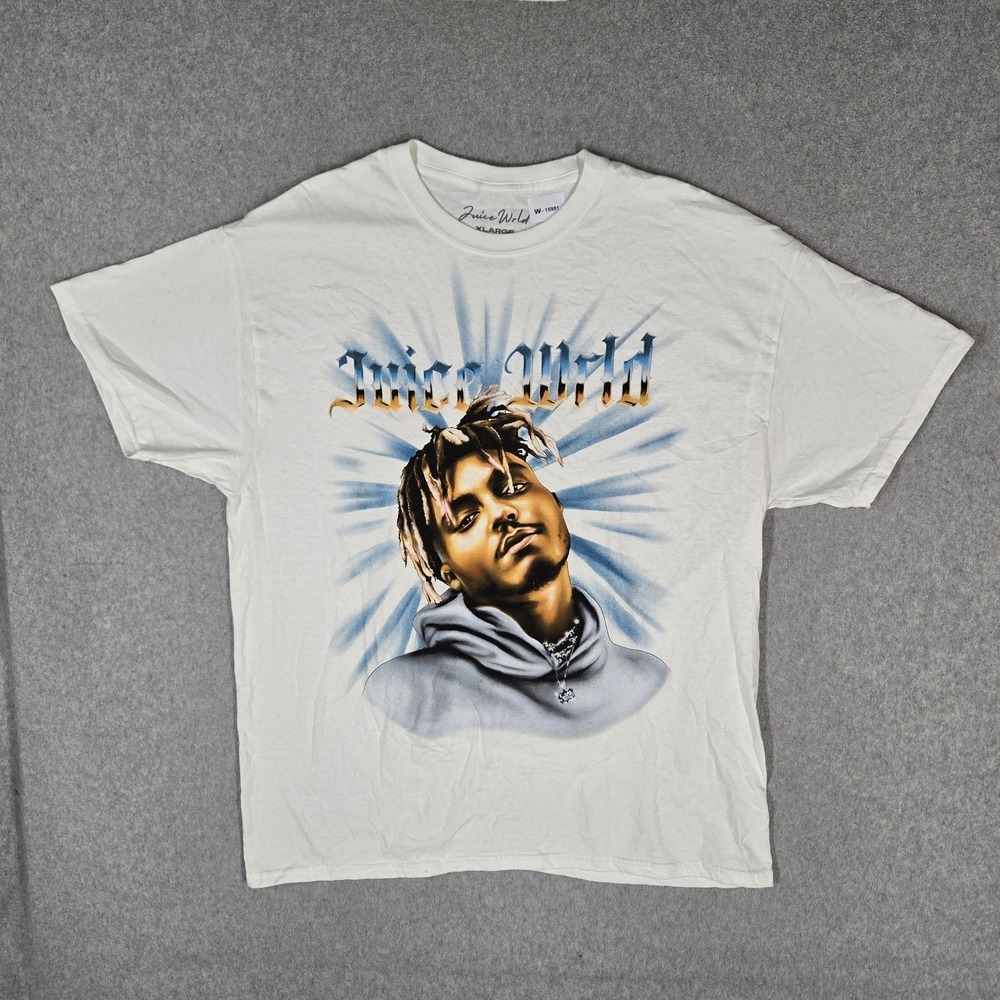 Juice Wrld Men Shirt XLARGE White Graphic Portrait Spellout Print